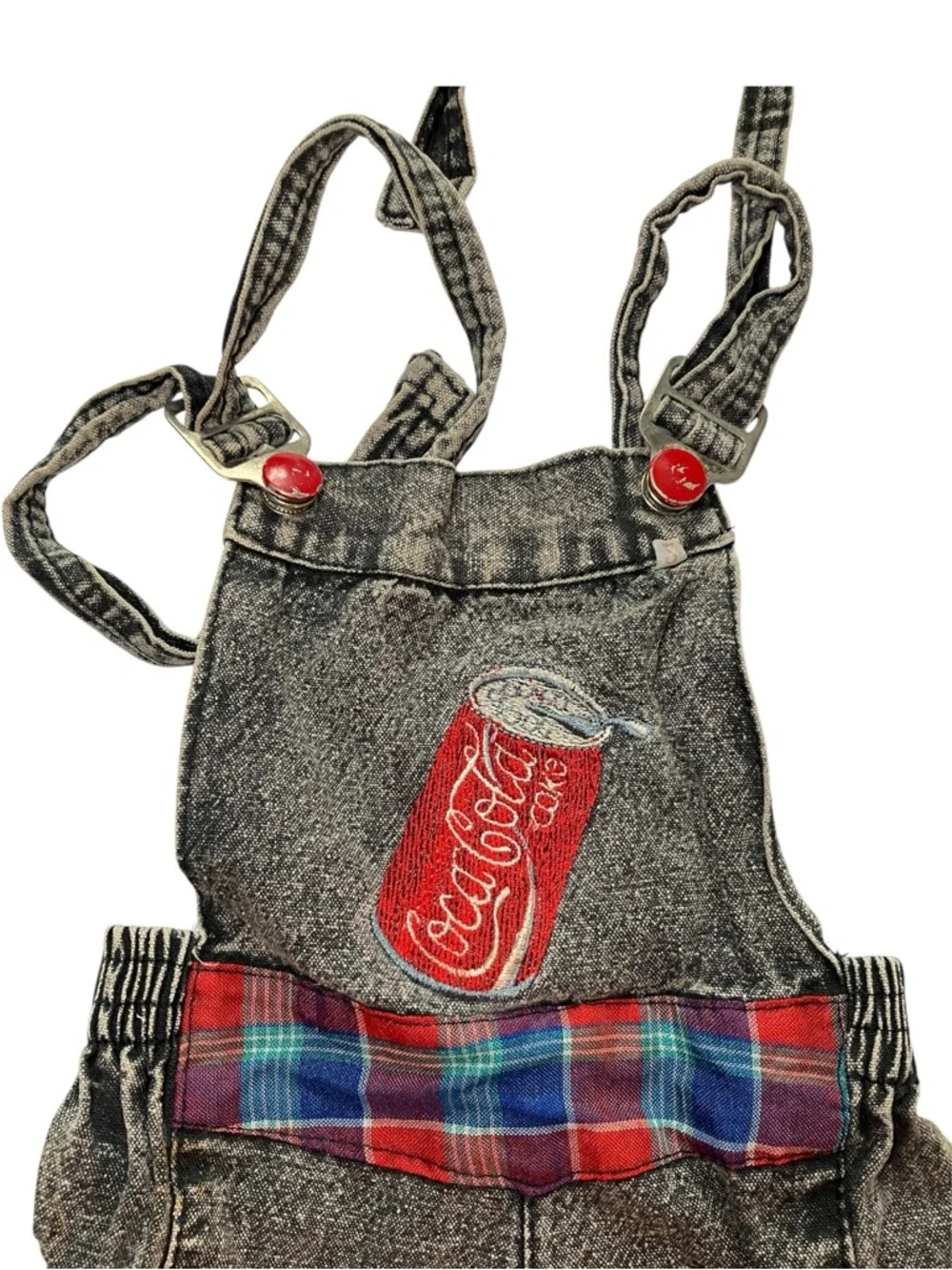Vintage 80s Coca-Cola Toddler Overalls Acid Wash Plaid 2T - Picture 1 of 13